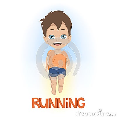 Cartoon of front view on little boy in shorts and tee shirt running above RUNNING in orange text over white Vector Illustration