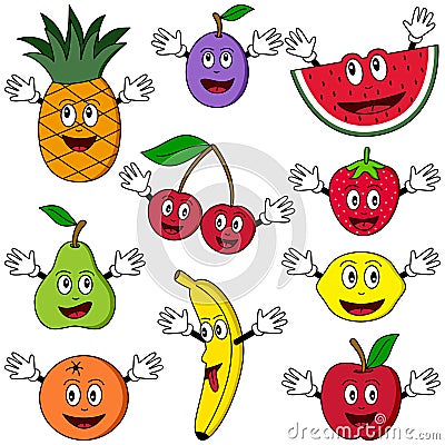 Cartoon Fruit Characters Vector Illustration