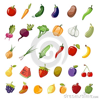 Cartoon fruit and vegetables organic healthy big vector icons collection Vector Illustration