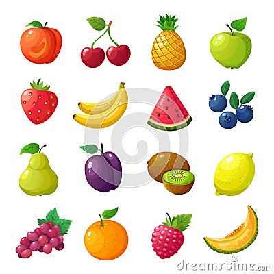 Cartoon fruits and berries. Melon pear mandarin watermelon apple orange isolated vector set Vector Illustration