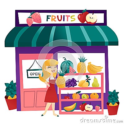 Cartoon Fruits Shop With Storekeeper Cartoon Illustration