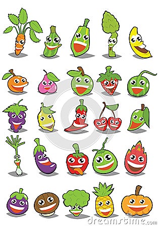 Cartoon fruits and vegetables with different emotions Vector Illustration