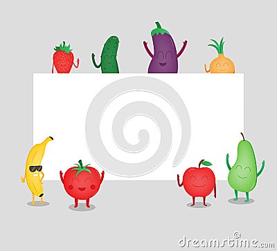 Cartoon fruits and vegetables. Eco food background. Template with space for text. Vector Vector Illustration