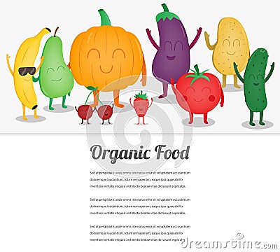 Cartoon fruits and vegetables. Eco food background. Template with space for text. Vector Vector Illustration