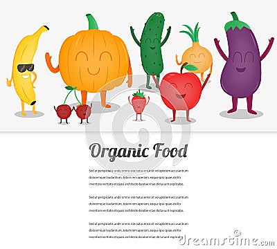 Cartoon fruits and vegetables. Eco food background. Template with space for text. Vector Vector Illustration