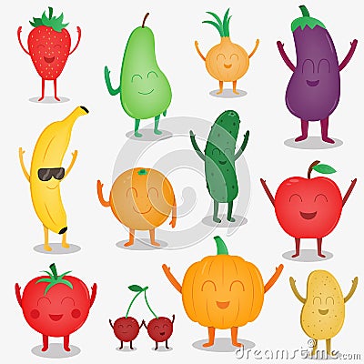 Cartoon fruits and vegetables. Funny food concept. Organic food. Vector Vector Illustration