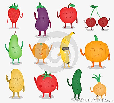 Cartoon fruits and vegetables. Funny food concept. Organic food. Vector Vector Illustration