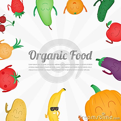 Cartoon fruits and vegetables. Healthy style collection. Vector Vector Illustration