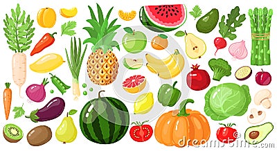 Cartoon fruits and vegetables. Vegan lifestyle food, organic nutrition vegetable and fruit, avocado, asparagus and mango Vector Illustration