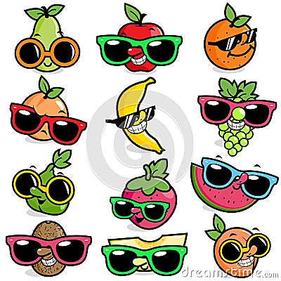 Cartoon fruits with sunglasses. Vector illustration set Vector Illustration