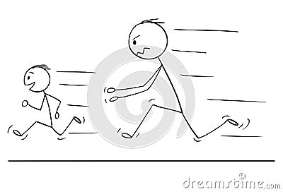 Cartoon of Frustrated and Angry Father Chasing Naughty or Disobedient Son Vector Illustration