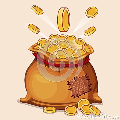 Cartoon full bag of gold coins Vector Illustration