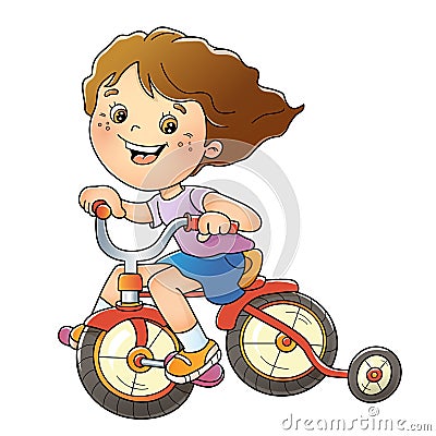 Cartoon fun girl on a bicycle or bike. Outdoor games on playground. Summer activity. Colorful vector illustration for kids Vector Illustration