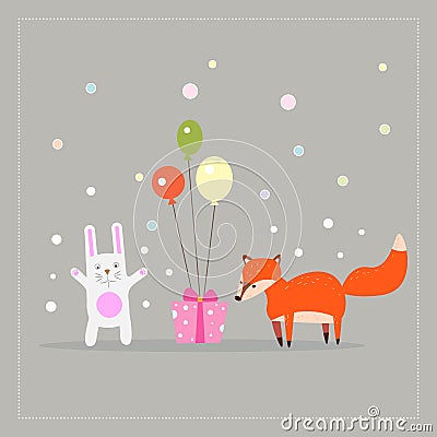 Cartoon fun little foxes fox with white rabbit, gift and ballons Stock Photo