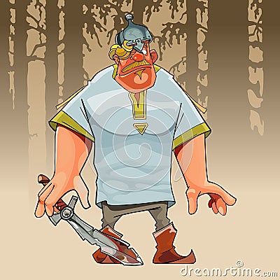 Cartoon funny absent-minded hero incompetent with a sword Vector Illustration