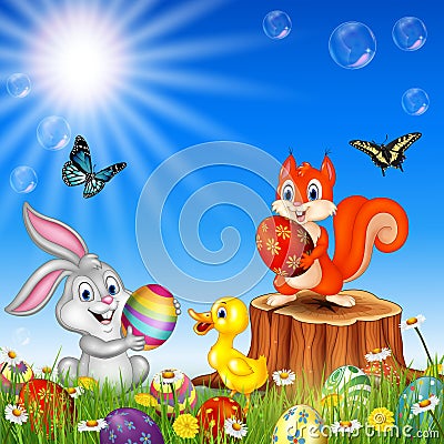 Cartoon funny animals with nature Easter background Vector Illustration
