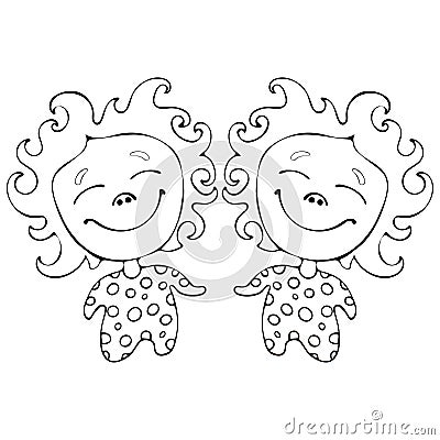 Cartoon funny babes twins for coloring book isolated on white background, vector black and white hand drawing, monochrome Vector Illustration