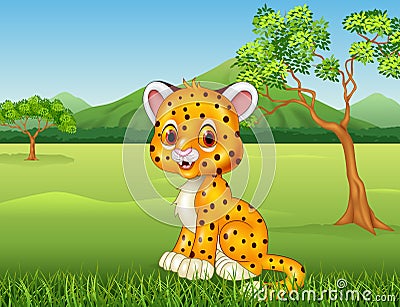 Cartoon funny baby cheetah in the jungle Vector Illustration