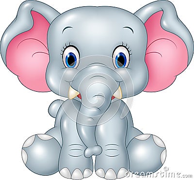 Cartoon funny baby elephant sitting isolated on white background Vector Illustration