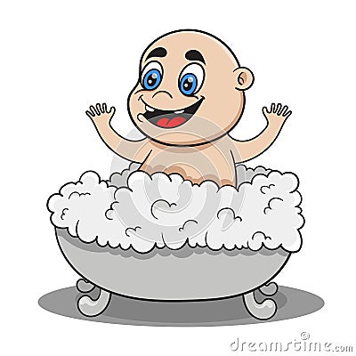 Cartoon funny baby taking a bath with foam, vector illustration Vector Illustration