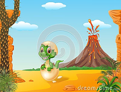 Cartoon funny baby tyrannosaurus hatching with Volcano background Vector Illustration