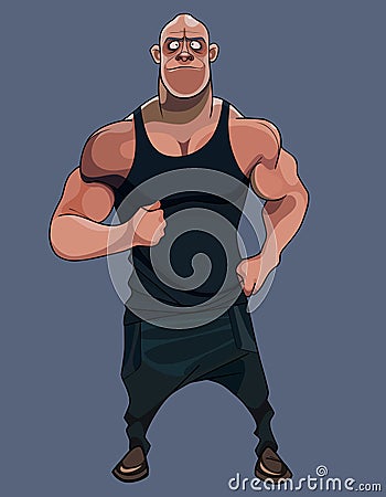 Cartoon funny muscular male athlete in black clothes Vector Illustration