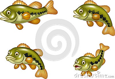 Cartoon funny bass fish collection on white background Vector Illustration