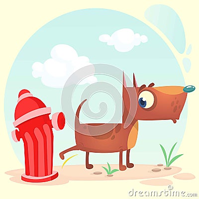 Cartoon funny brown pitbull dog pees on hydrant. Vector illustration. Vector Illustration