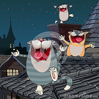 Cartoon funny cats yelling on the roof at night Vector Illustration