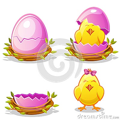 Cartoon funny chicken and pink egg in a nest Vector Illustration