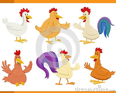 cartoon funny chickens farm animal characters set Vector Illustration