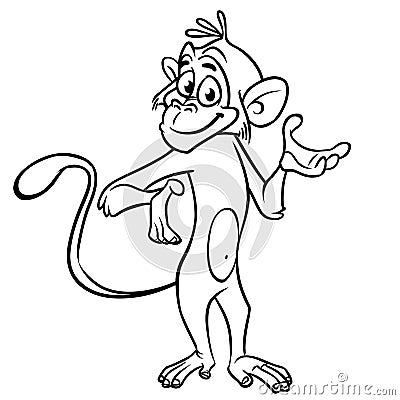 Cartoon funny chimpanzee monkey waving hand and presenting outlines. Vector illustration on monkey mascot isolated line art. Vector Illustration