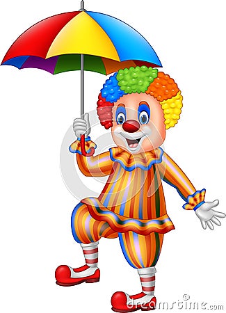 Cartoon funny clown holding an umbrella Vector Illustration