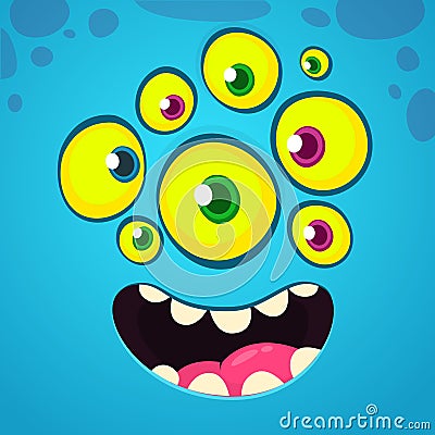 Cartoon funny and cool face with many eyes. Vector Halloween blue monster avatar with wide smile Vector Illustration