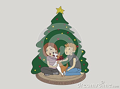 cartoon funny couple messing around with cute corgi dog with red bow on neck sitting together near christmas tree at home on Cartoon Illustration