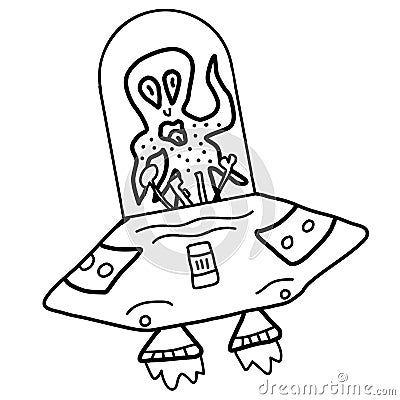 Cartoon funny, crazy alien UFO outline Vector Illustration