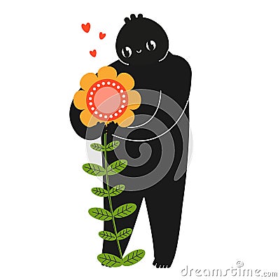 Cartoon funny creature hold flower with love. Nature lover, environment care concept Vector Illustration