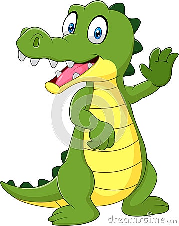 Cartoon funny crocodile waving hand isolated on white background Vector Illustration