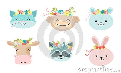 Cartoon funny cute animal faces with floral wreaths vector illustration Vector Illustration