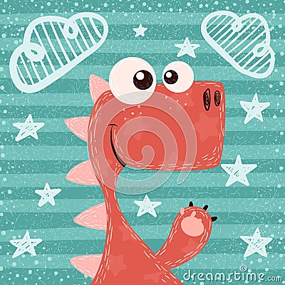 Cartoon funny. cute, dino illustration. Vector Illustration