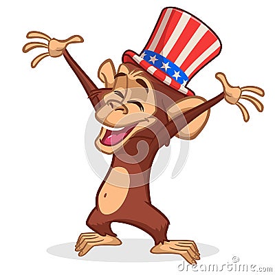 Cartoon funny and cute monkey wearing Amirican uncle Sam hat on USA Independence Day Vector Illustration