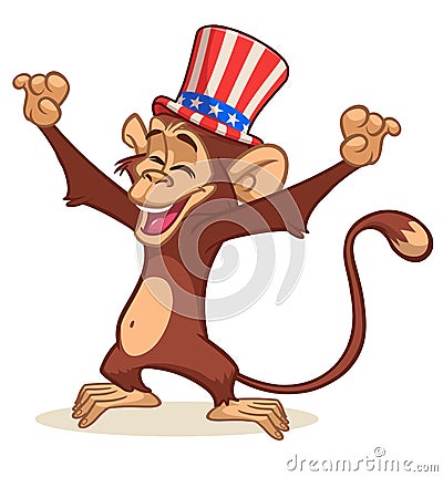 Cartoon funny and cute monkey wearing Amirican uncle Sam hat on USA Independence Day Vector Illustration