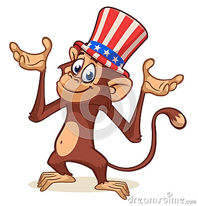 Cartoon funny and cute monkey wearing Amirican uncle Sam hat on USA Independence Day Vector Illustration
