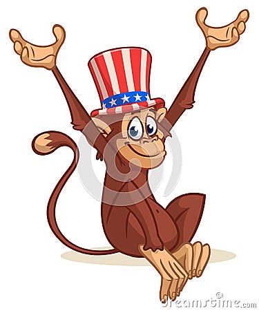 Cartoon funny and cute monkey wearing Amirican uncle Sam hat on USA Independence Day Vector Illustration