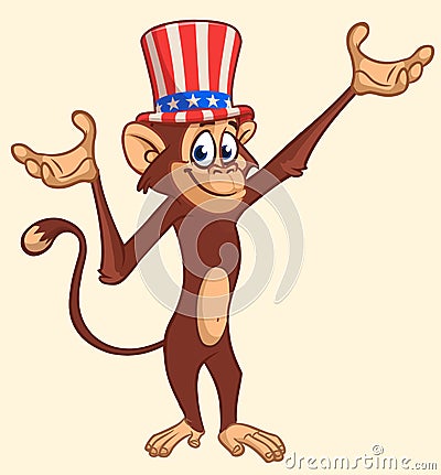 Cartoon funny and cute monkey wearing Amirican uncle Sam hat on USA Independence Day Vector Illustration