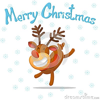 Cartoon. Funny deer Dancer, congratulates on Christmas. Reindeer Santa Claus. New Year. Merry Christmas. Vector Illustration