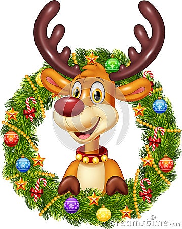 Cartoon funny deer holding Christmas Wreath with ribbons, balls and bow Vector Illustration