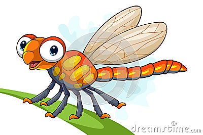 Cartoon funny dragonfly on leaf Vector Illustration