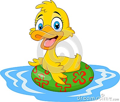 Cartoon funny duck floating with inflatable ring Vector Illustration