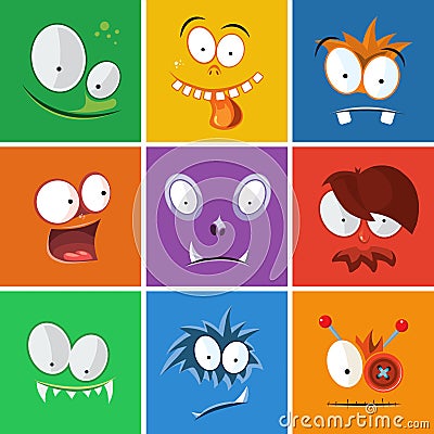 Cartoon funny faces with emotions. Monsters expression vector set Vector Illustration